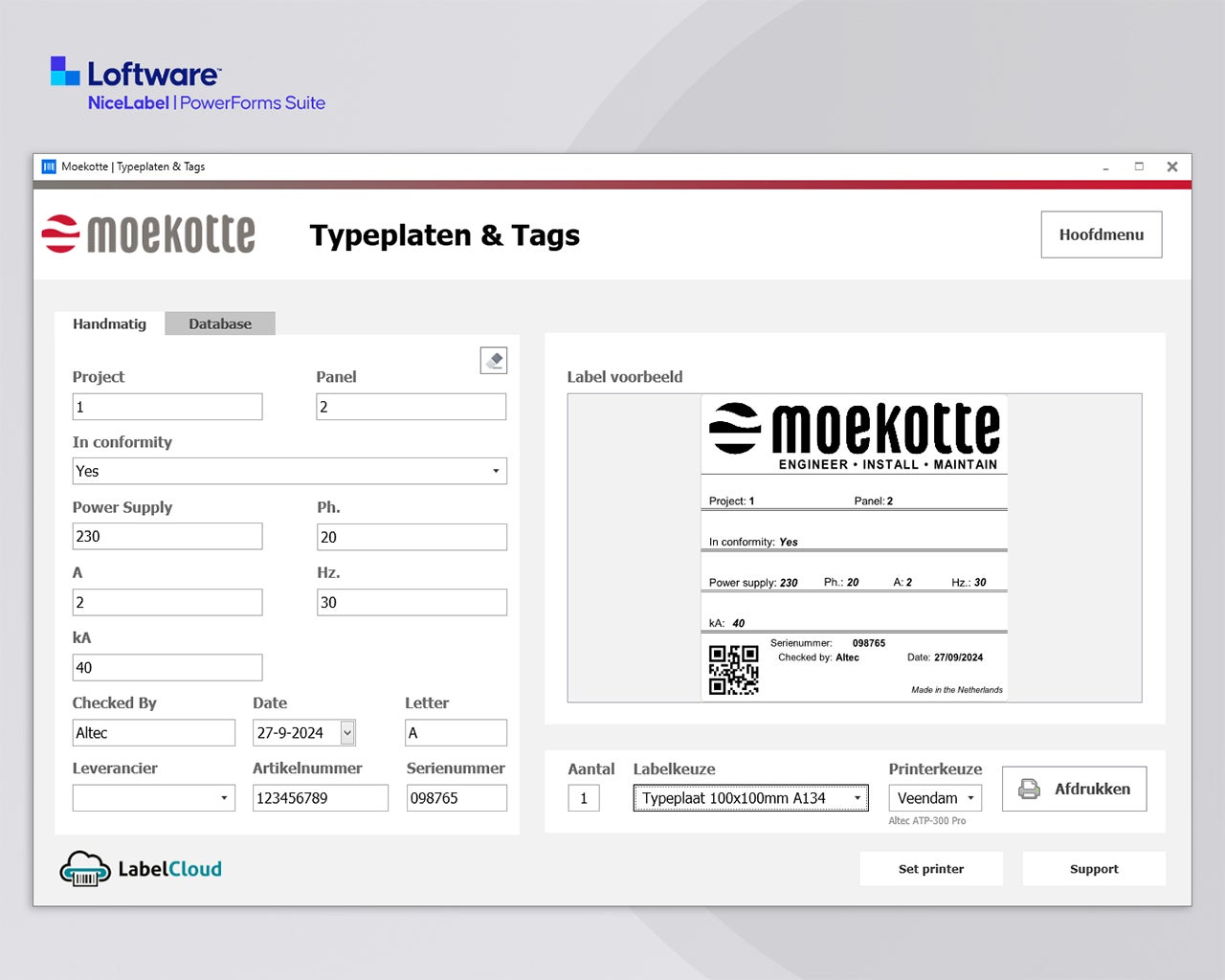 PowerForms printscherm voor het invoeren en afdrukken van typeplaten en tags